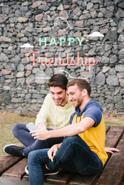 Side View Sitting Friends Outdoors Psd