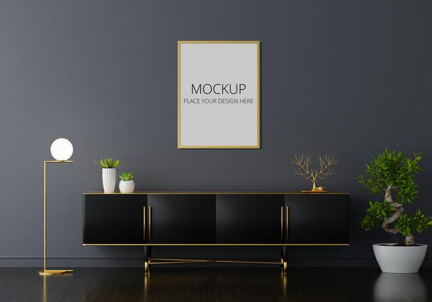 Sideboard In Black Living Room With Frame Mockup Psd