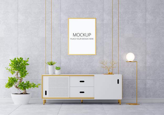 Sideboard In Living Room Interior With Frame Mockup Psd