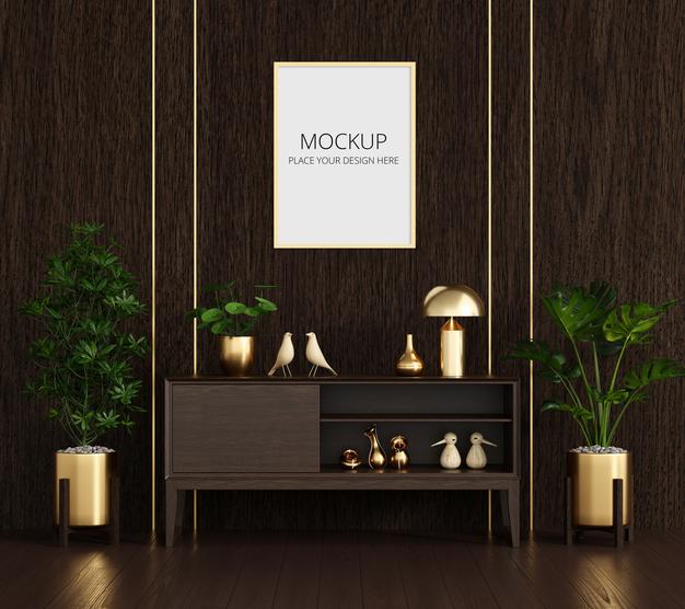 Sideboard In Wooden Living Room With Frame Mockup Psd