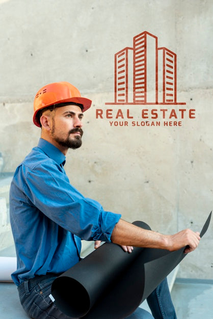 Sideways Agent Man Holding Plans For New Building Psd