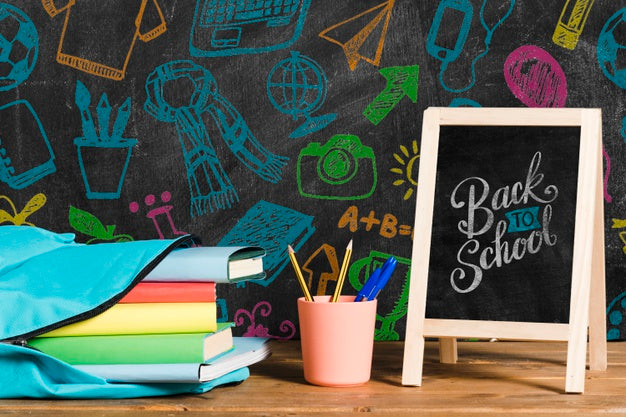 Sideways Blue Backpack With Chalkboard Psd