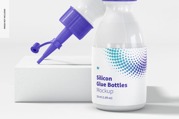 Silicon Glue Bottles Mockup, Close Up Psd