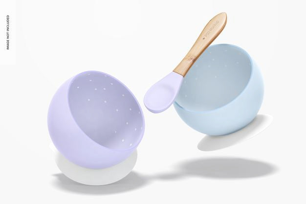 Silicone Baby Bowls Mockup, Falling Psd