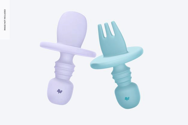 Silicone Baby Fork And Spoon Mockup, Floating Psd