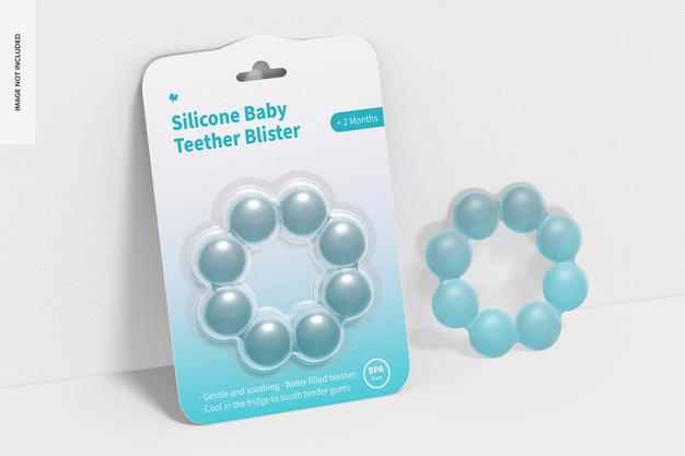 Silicone Baby Teether Blister Mockup, Leaned Psd