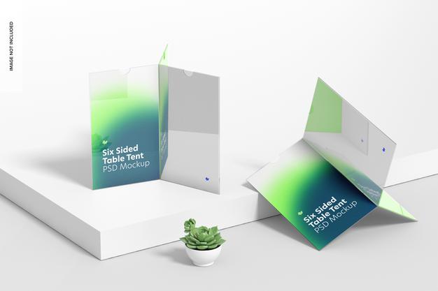 Six Sided Acrylic Table Tents Mockup, Perspective Psd