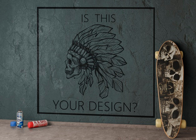 Skull Skateboard Resting On The Wall Psd