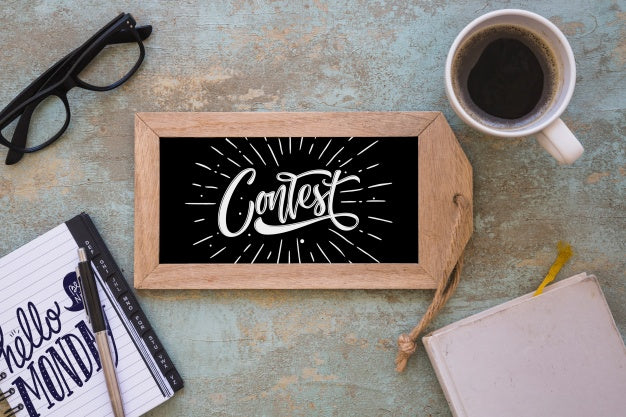 Slate Mockup With Coffee And Notepad Psd