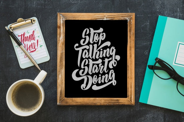 Slate Mockup With Coffee And Notepad Psd