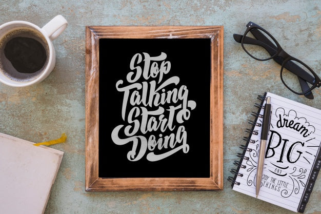 Slate Mockup With Coffee And Notepad Psd