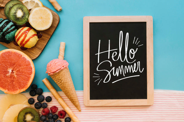 Slate Mockup With Ice Cream And Fruits Psd