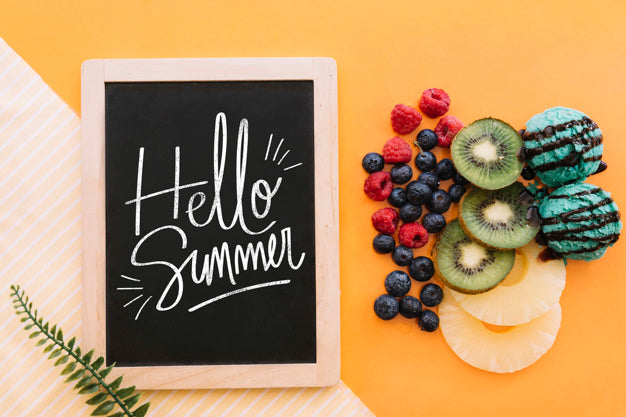 Slate Mockup With Ice Cream And Fruits Psd