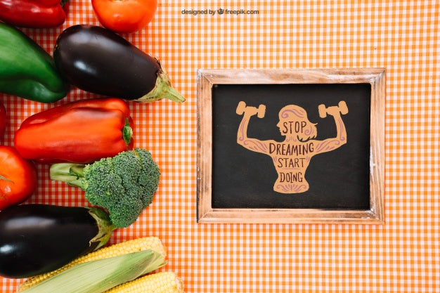 Slate Mockup With Vegetarian Food On Left Psd