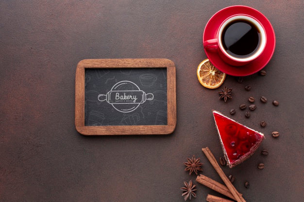 Slice Of Cake With Coffee And Blackboard Mock-Up Psd