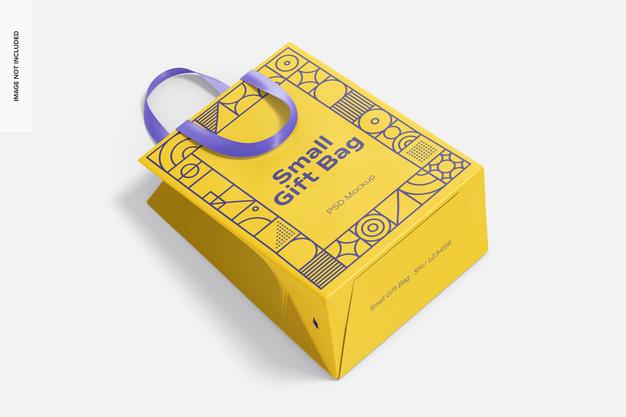 Small Gift Bag With Ribbon Handle Mockup, Top View Psd
