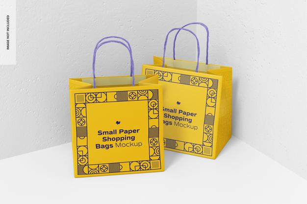 Small Paper Shopping Bags Mockup, Perspective Psd