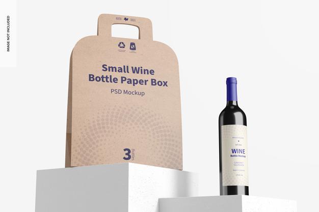 Small Wine Bottle Paper Box Mockup, Low Angle View Psd