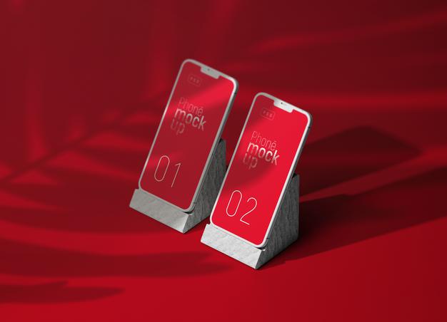 Smartphone App Screen Mockup Perspective View With Shadow Overlay And Phone Stand Set Of Two Devices Psd