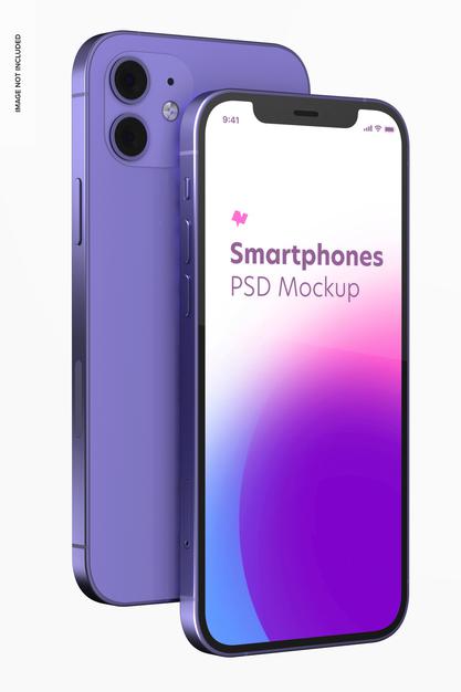 Smartphone Purple Version Mockup, Front And Back View Psd