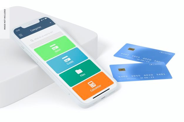 Smartphone With Credit Card Mockup, Perspective Psd
