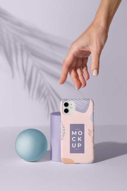 Smartphone With Mock-Up Phone Case And Hand Next To Geometric Shapes Psd