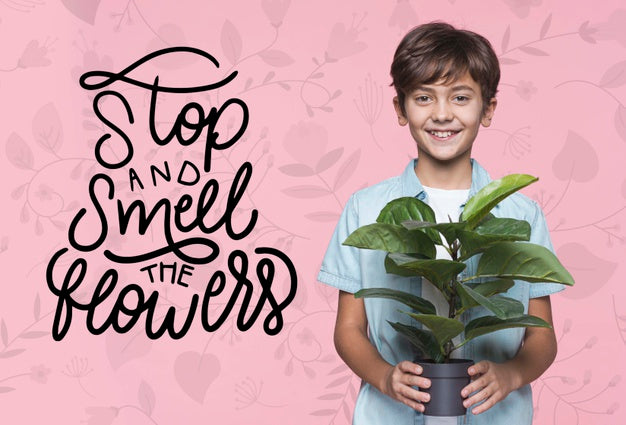 Smell The Flowers Young Cute Boy Mock-Up Psd