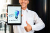 Smiley Businessman Outdoors Holding Vertical Digital Tablet Psd