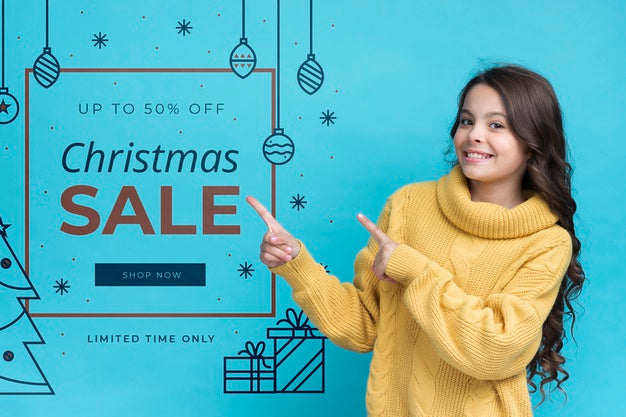 Smiley Girl Pointing At Message With Promotions On Christmas Psd