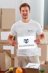 Smiley Male Volunteer Holding Blank Paper With Food Boxes For Donation Psd