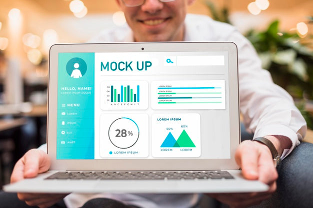 Smiley Man Holding Open Laptop Psd