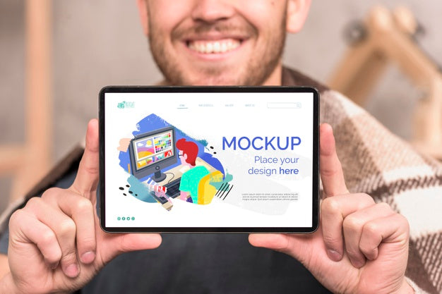 Smiley Man Showing Tablet Digital Mock-Up Psd