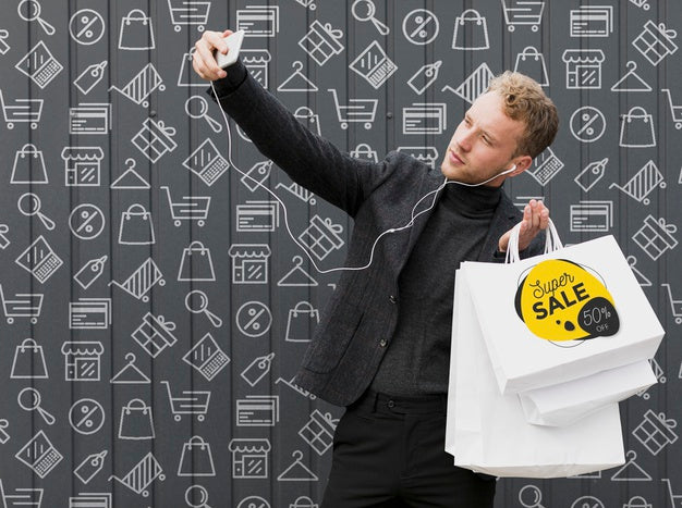 Smiley Man Taking Selfie With His Shoppings Psd