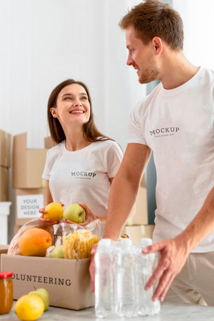 Smiley Volunteers Preparing Provision Boxes For Donation Psd