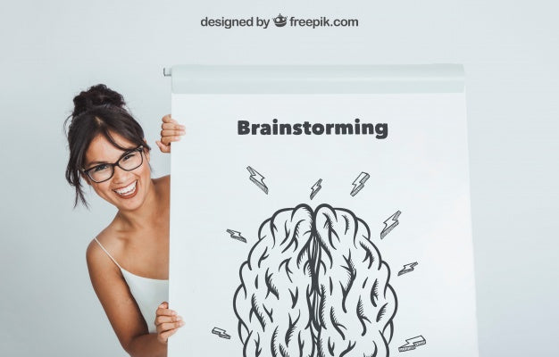 Smiley Woman Hiding Behind The Whiteboard With Mock Up Design Psd