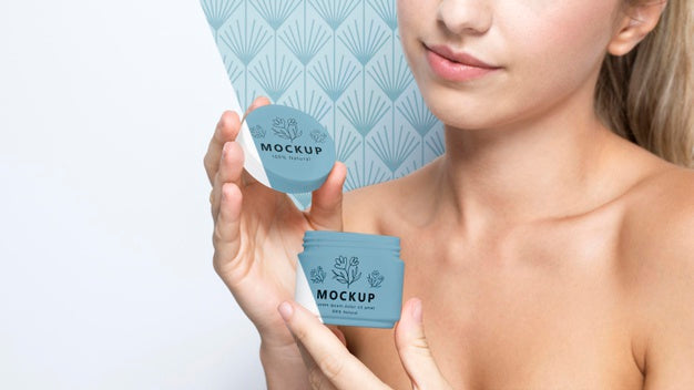 Smiley Woman Holding A Skincare Product Mock-Up Psd