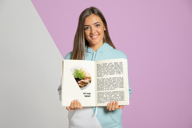 Smiley Woman Holding Book Psd