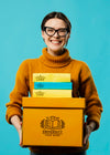 Smiley Woman Holding Boxes Psd