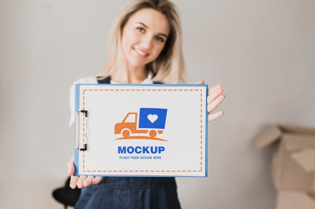 Smiley Woman Holding Clipboard Mockup Psd