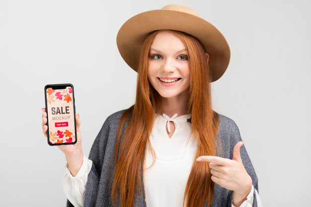 Smiley Woman Holding Phone Mock-Up Psd