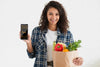 Smiley Woman With Phone And Vegetables Psd