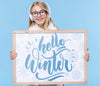 Smiley Young Woman Holding Mock-Up Sign Psd