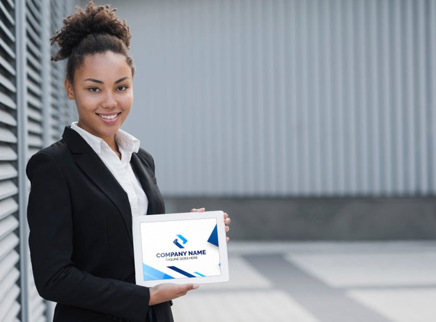 Smiling Business Woman Holding Tablet Mock-Up Psd