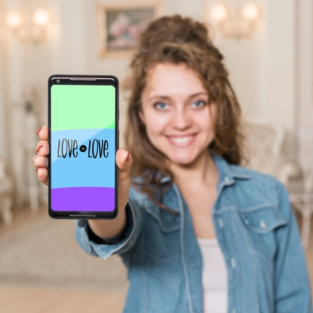 Smiling Girl Presenting Smartphone Mockup Psd