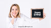 Smiling Woman Presenting Slate Psd