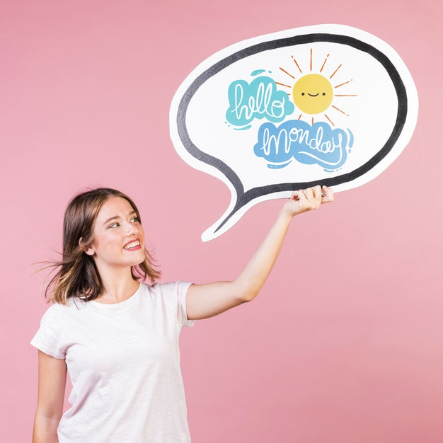 Smiling Young Woman Holding Up A Board Mock-Up Psd