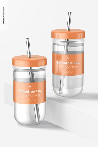 Smoothie Cups With Lid Mockup, Front View Psd