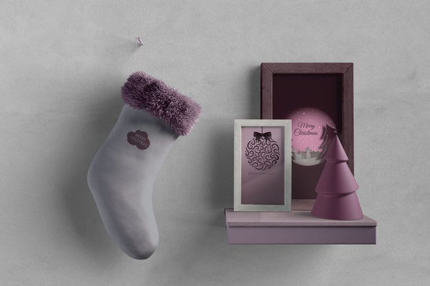 Sock Beside Frames On Shelf Mock-Up Psd