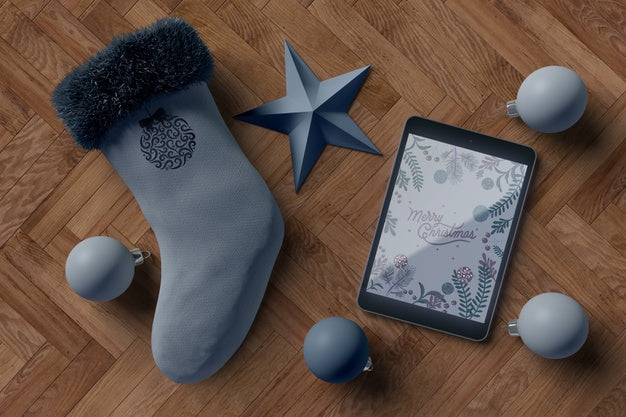 Sock With Modern Tablet Device Beside Psd