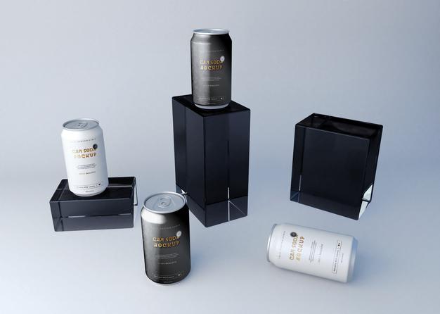 Soda Can And Boxes Set Mockup Psd